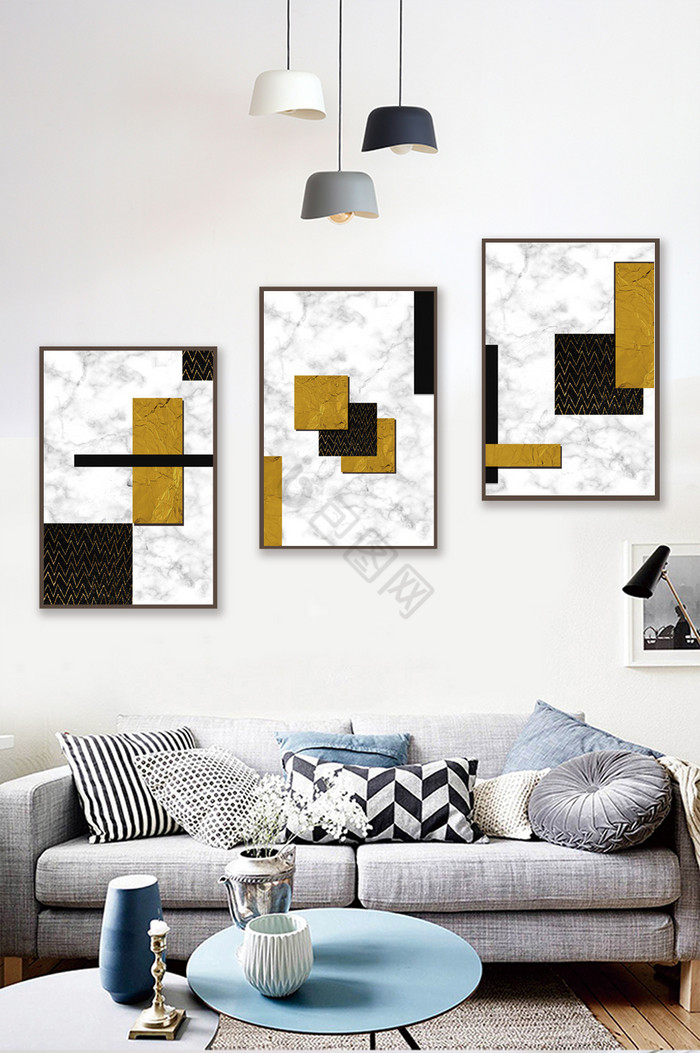 现代时尚客厅黑金几何创意组合装饰画图片