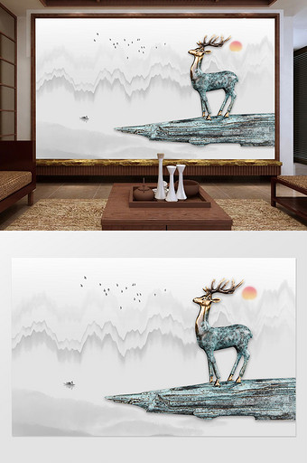 水墨风浮雕麋鹿电视背景墙图片