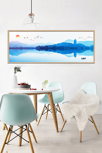 新中式蓝色风景山水画装饰画图片