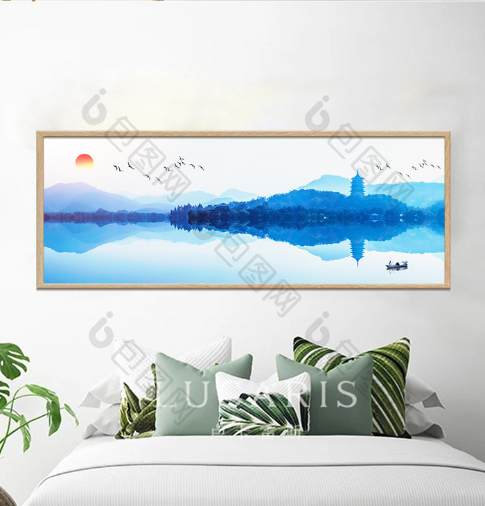 新中式蓝色风景山水画装饰画