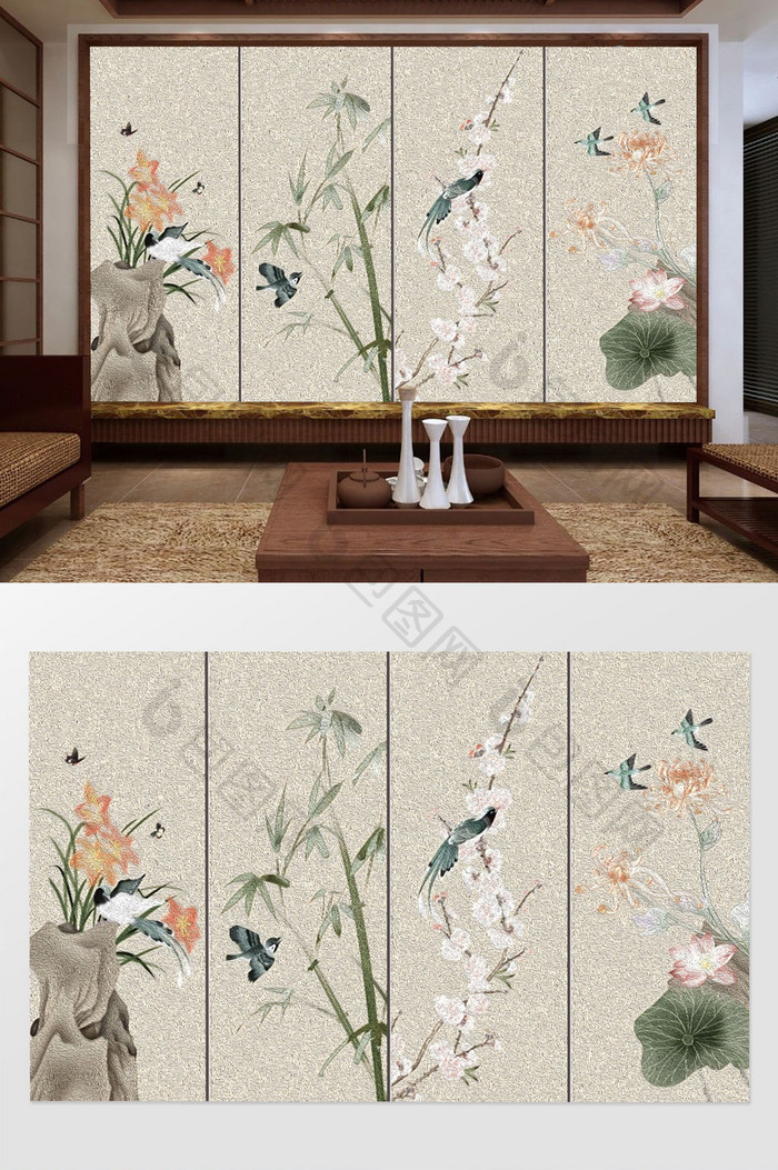 现代唯美新中式四局图花卉鸟类背景墙