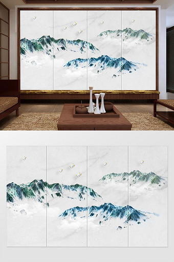 中式意境简约蓝绿色山水风景立体鸟背景墙图片