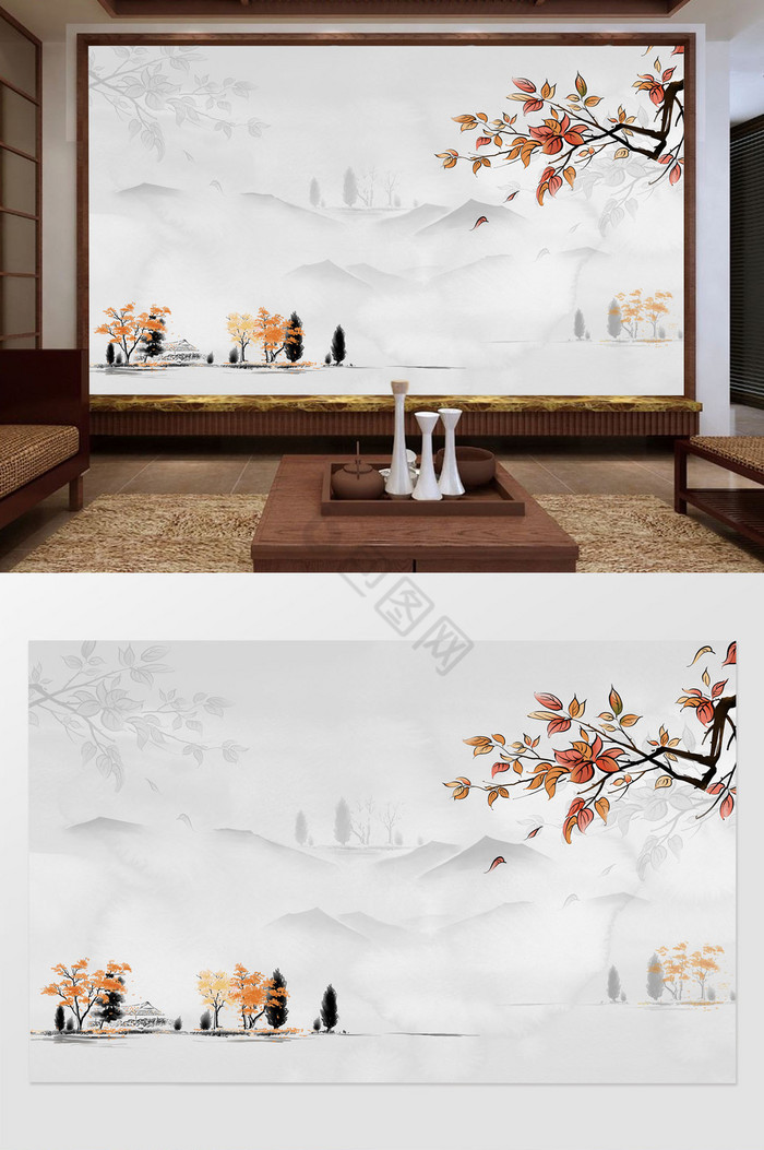 中式简约水墨山树叶树枝意境灰色背景墙图片
