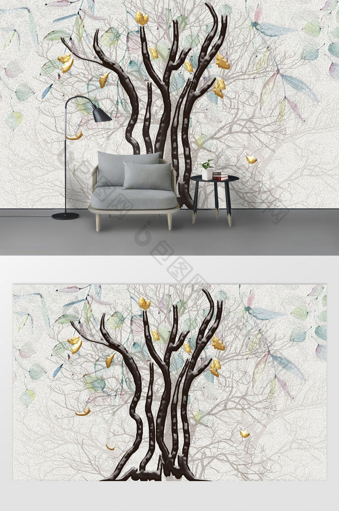 现代北欧唯美立体浮雕落叶树木抽象背景墙