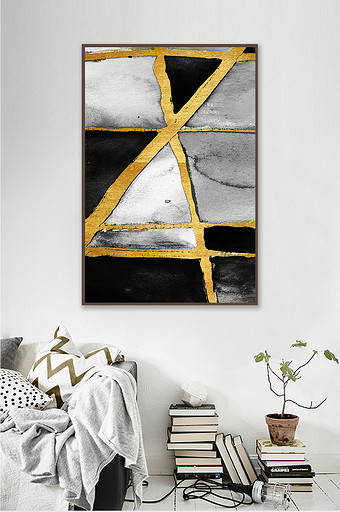 北欧抽象黑白艺术风格金边几何抽象装饰画图片