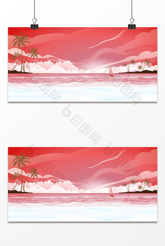 唯美水彩沙滩红霞背景图片