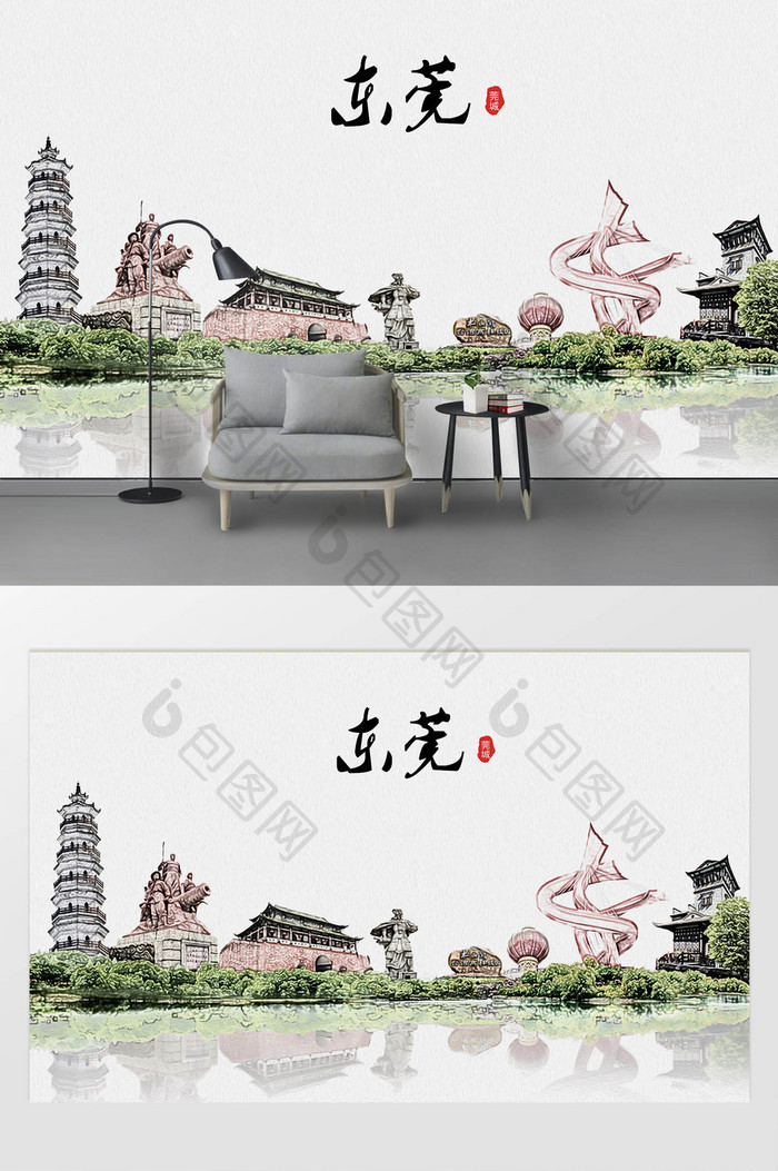 现代简约素描油画东莞城市剪影地标背景墙