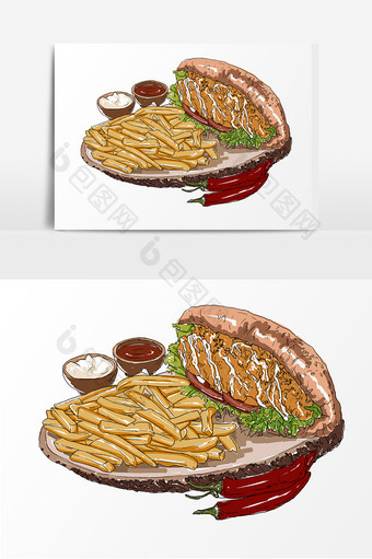 手绘汉堡薯条套餐插画元素图片