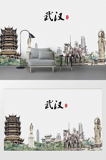 现代简约素描油画武汉城市剪影地标背景墙图片