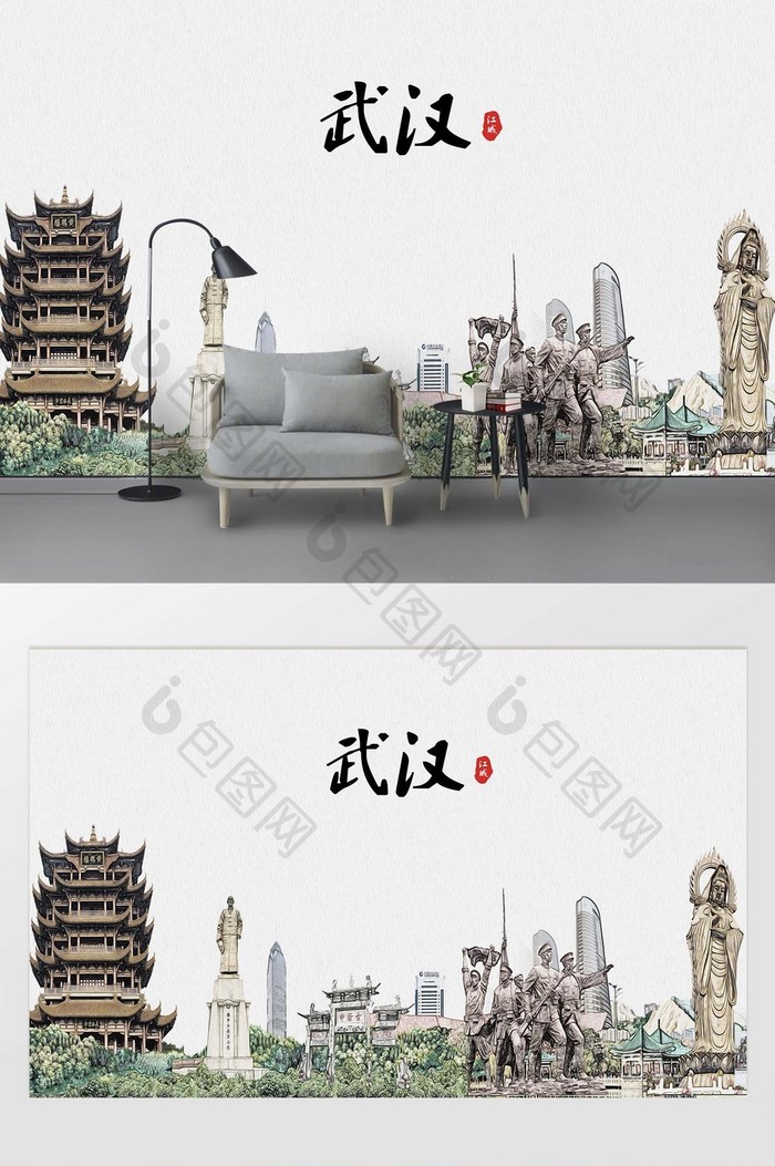 现代简约素描油画武汉城市剪影地标背景墙