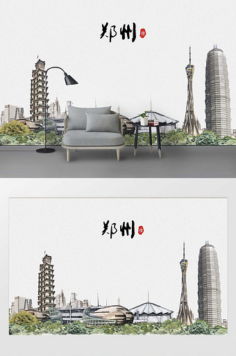 现代简约素描油画郑州城市剪影地标背景墙图片