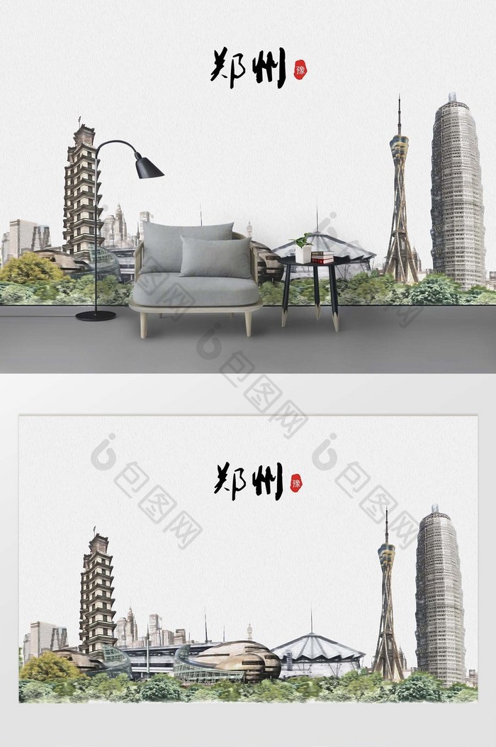 现代简约素描油画郑州城市剪影地标背景墙