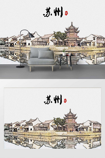 现代简约素描油画苏州城市剪影地标背景墙图片
