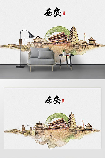 现代简约素描油画西安城市剪影地标背景墙图片