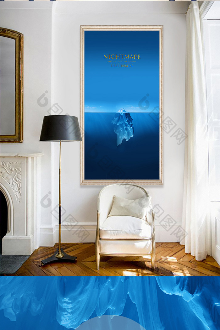 新中式海底冰川蓝色宁静玄关装饰画