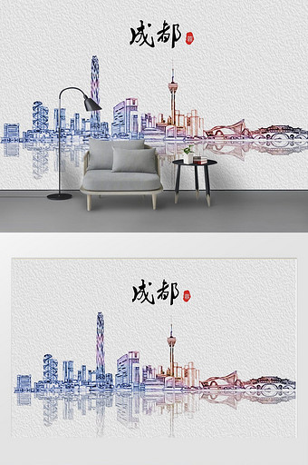 现代炫光素描油画成都城市剪影地标背景墙图片