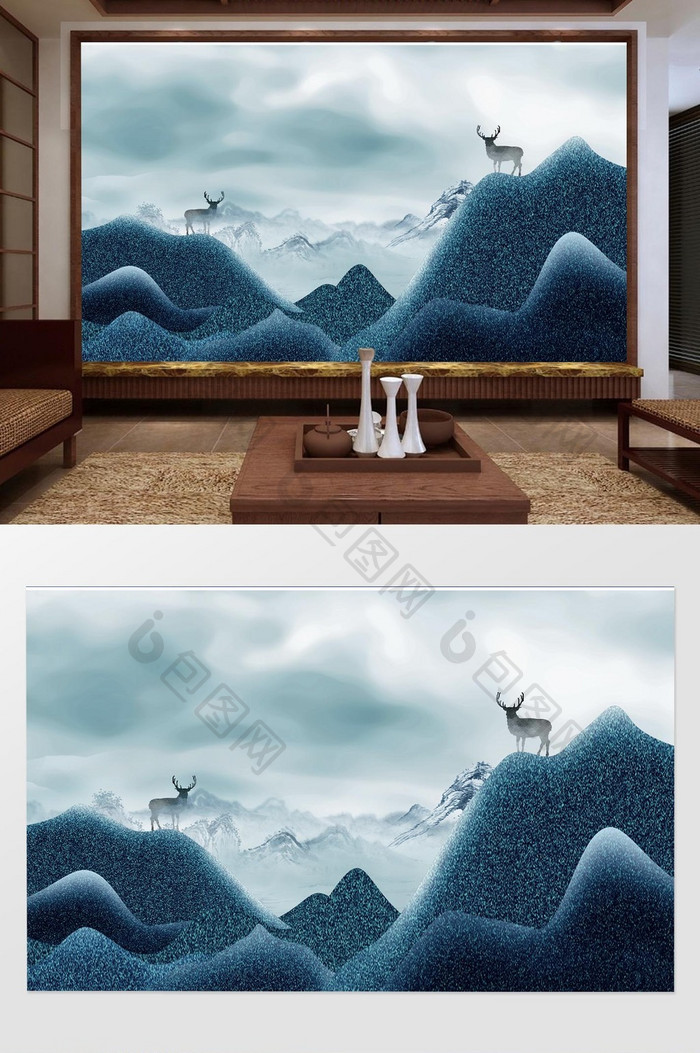 中式蓝色水墨山水浓雾麋鹿剪影背景墙