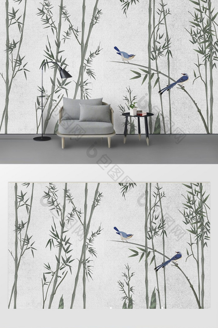 现代简约手绘素描竹子喜鹊灰白背景墙定制
