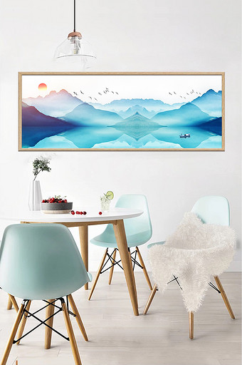 新中式唯美意境蓝色山水风景装饰画图片