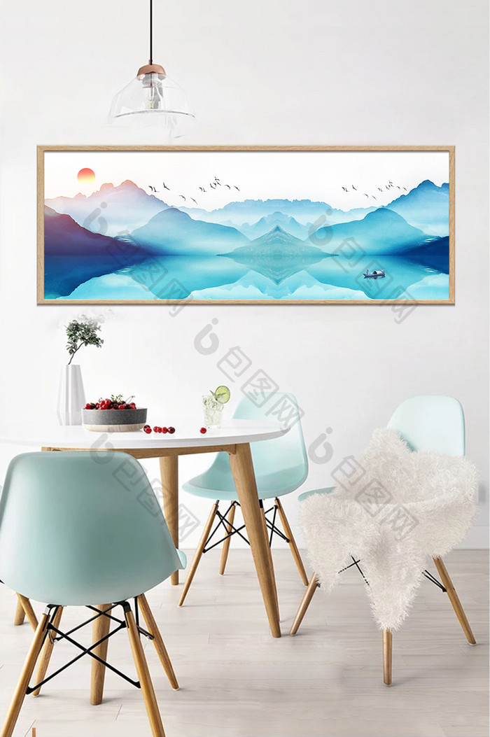 新中式唯美意境蓝色山水风景装饰画