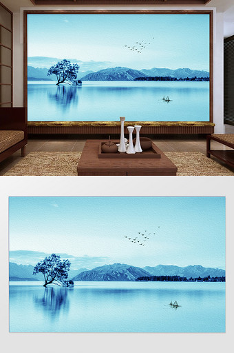 新中式蓝色意境水墨山水客厅背景墙图片