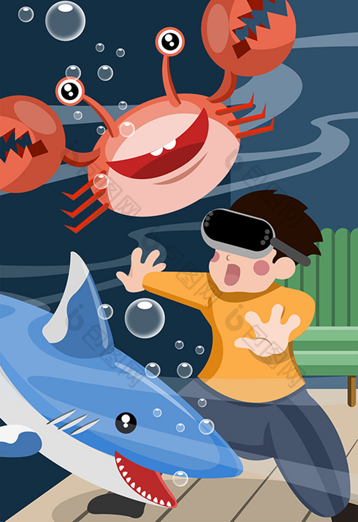 蓝色可爱海洋风格男孩戴VR眼镜插画