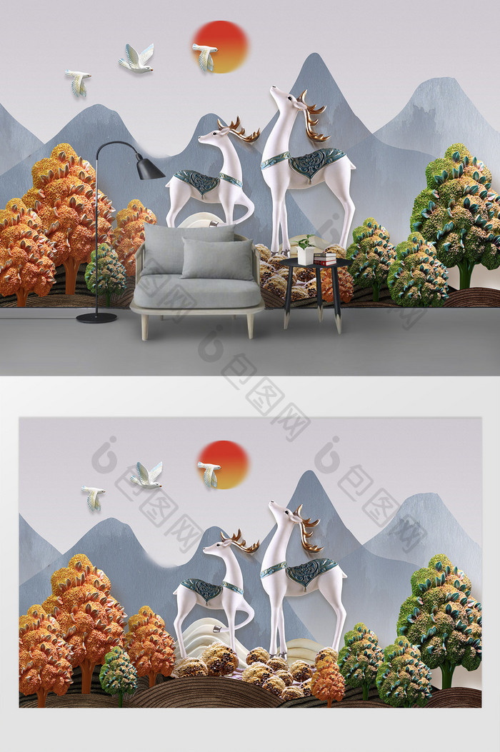现代3d树林麋鹿浮雕风景壁画背景墙