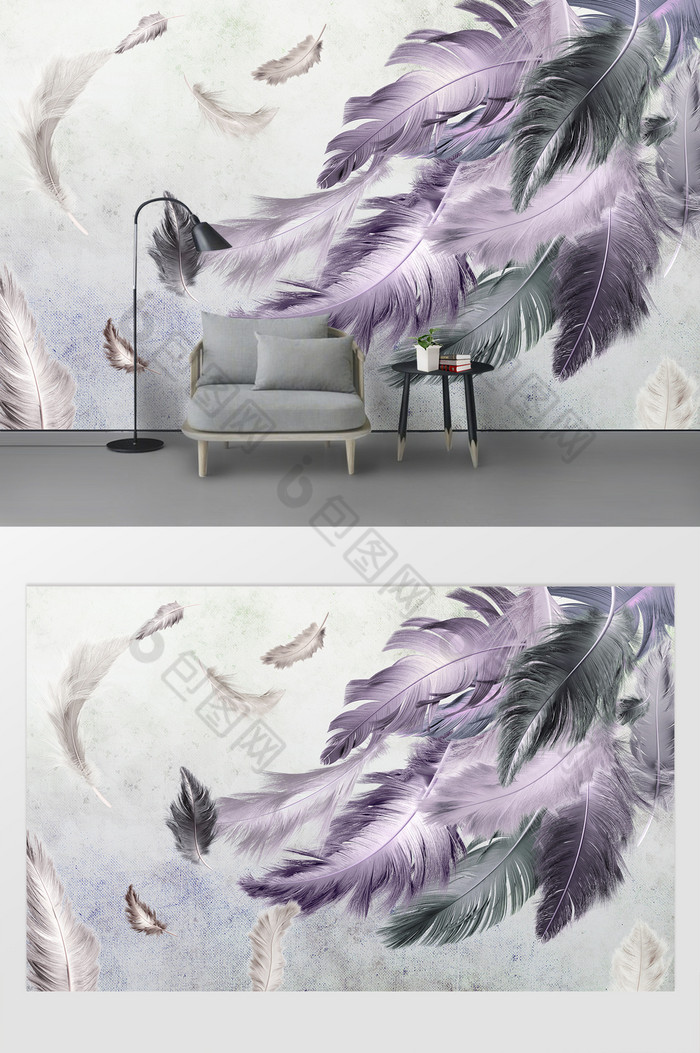 现代北欧简约羽毛背景墙效果图-【包图网】