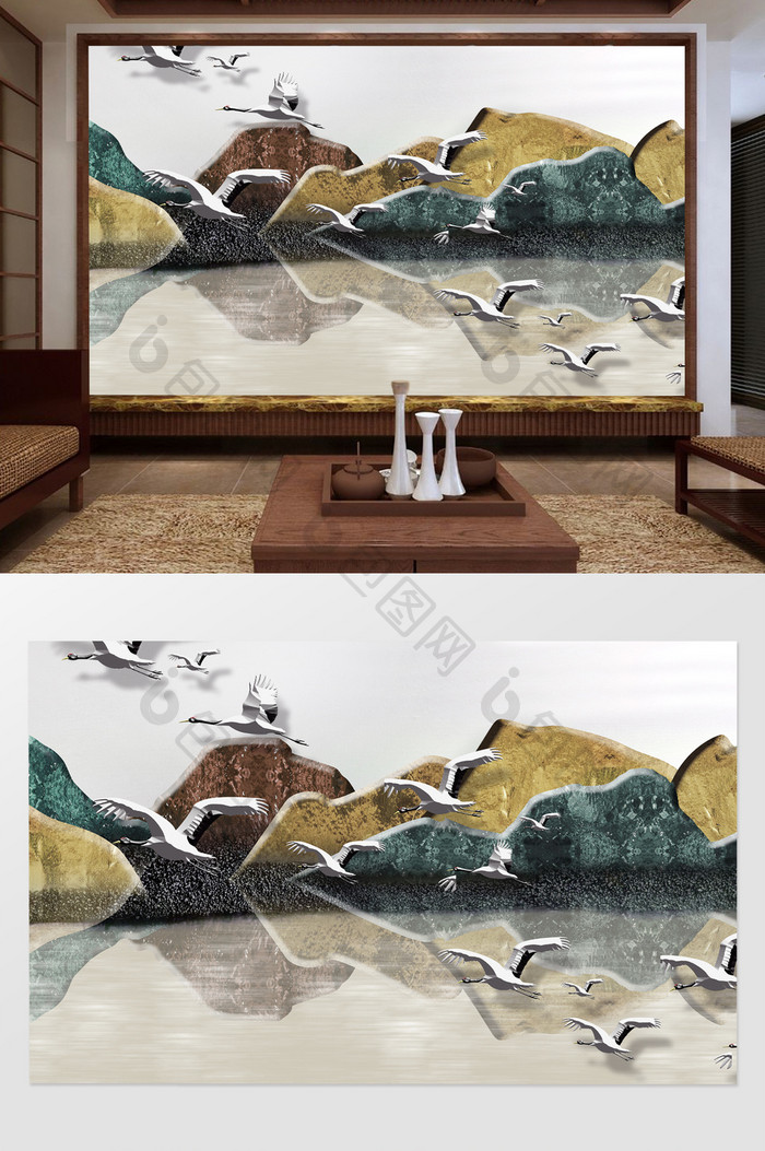 新中式3d抽象山石飞鸟倒影浮雕背景墙