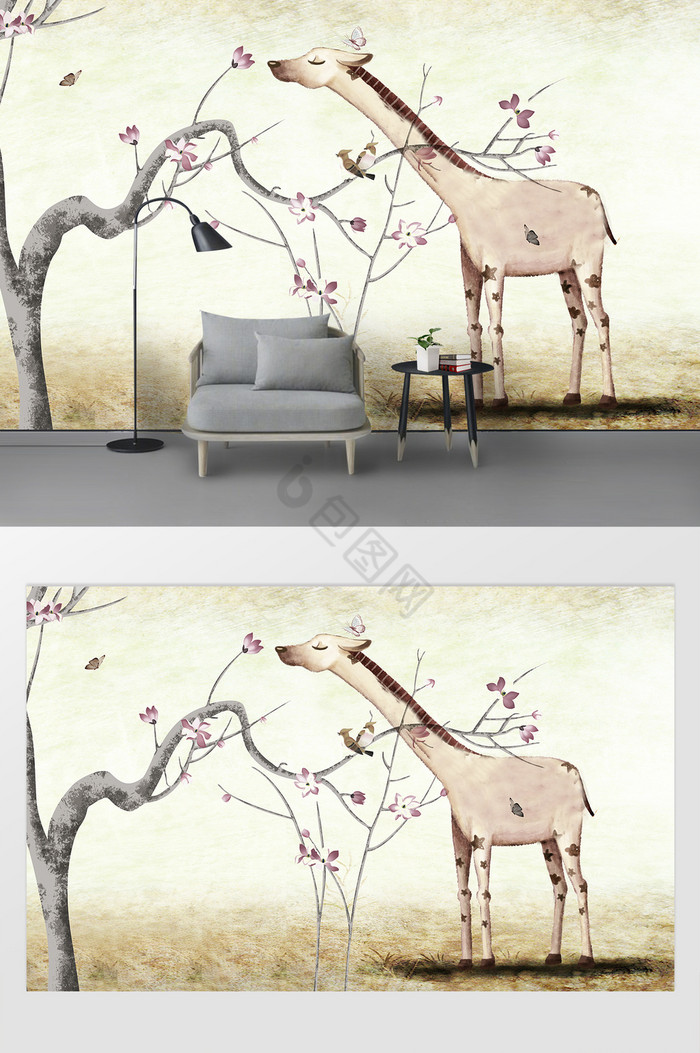 现代长颈鹿花枝背景墙图片