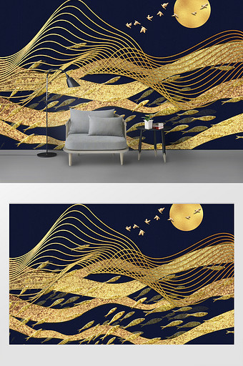 现代金色抽象大海鱼群背景墙图片