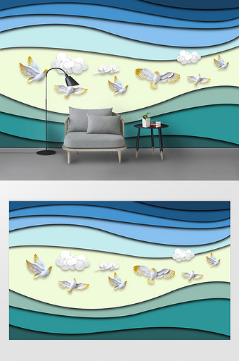 简欧3D立体抽象波浪曲线候鸟电视背景墙图片