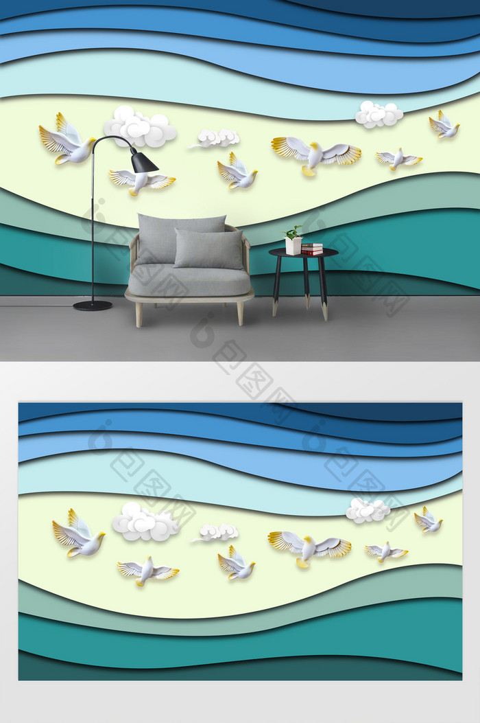 简欧3D立体抽象波浪曲线候鸟电视背景墙