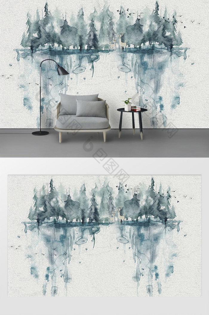现代唯美水彩手绘抽象森林倒影水墨色背景墙