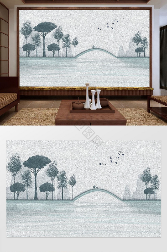现代典雅新中式祖母绿山水唯美背景墙图片