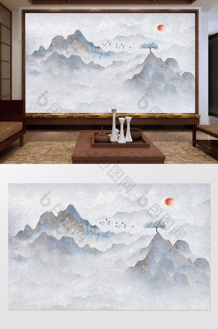 现代唯美新中式丹青工笔山水日出图背景墙