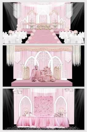 欧式粉色唯美教堂婚礼舞台效果图