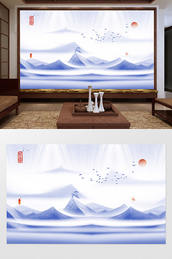 中式水墨山水蓝色简约电视背景墙图片