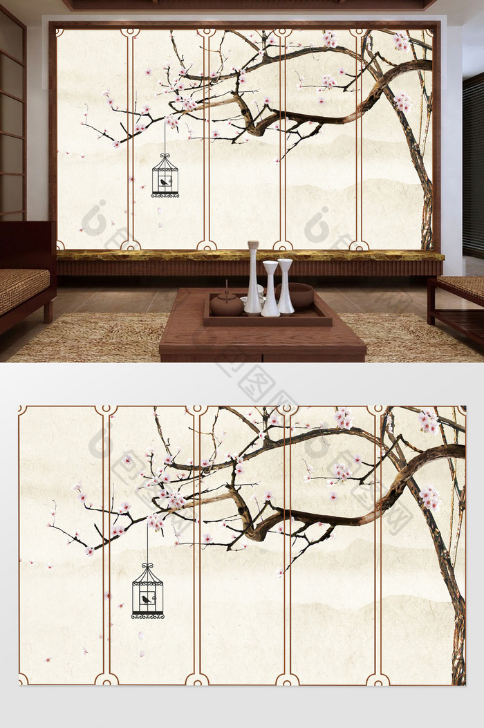 中式手绘花鸟树木电视背景墙