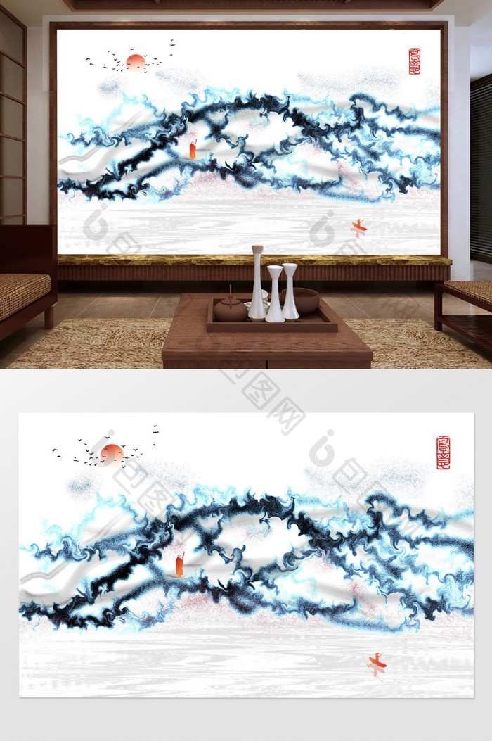 新中式抽象蓝色大气山水情电视背景墙