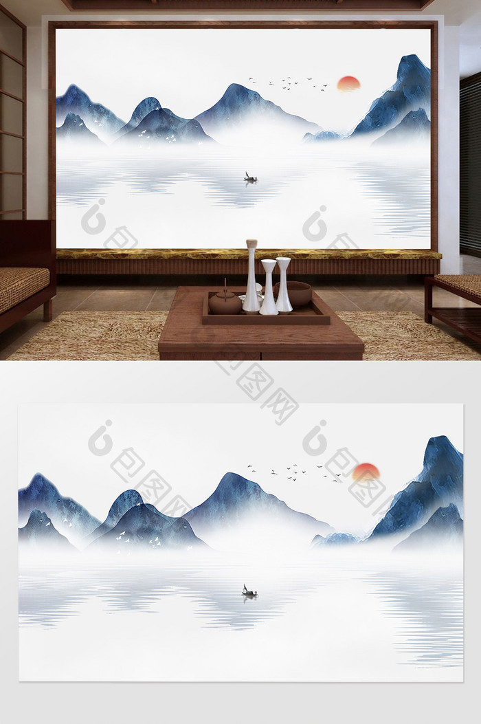 中国风唯美新中式水墨山水电视背景墙