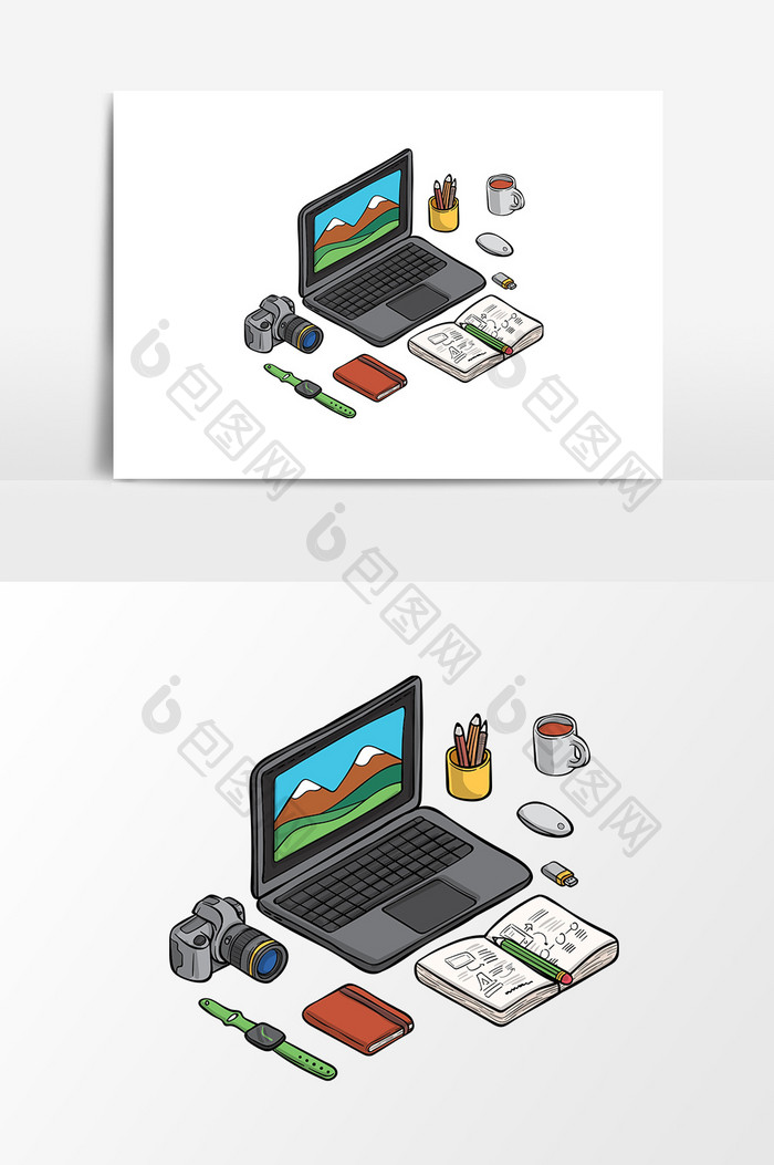 简约商务办公用品电脑笔记本插画素材
