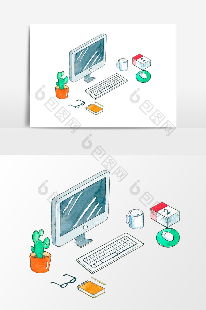 手绘小清新商务办公素材电脑线条素材