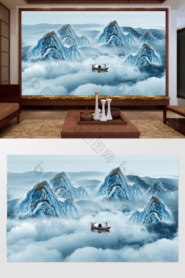 现代简约新中式蓝色水墨山水电视背景墙