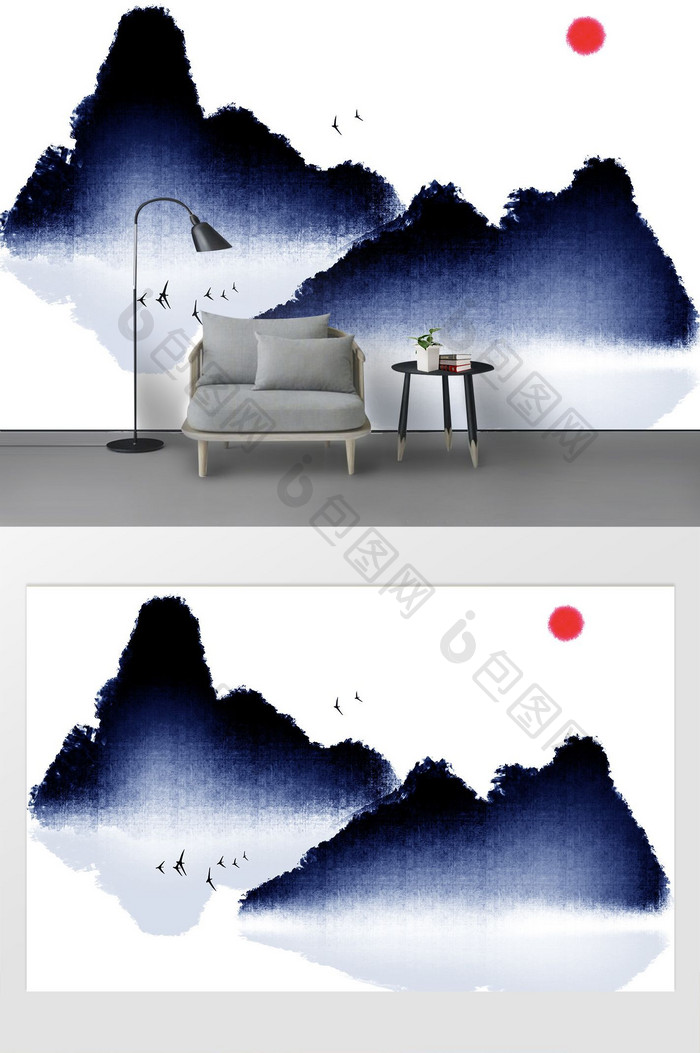 蓝现代简约新中式水墨山水电视背景墙装饰画
