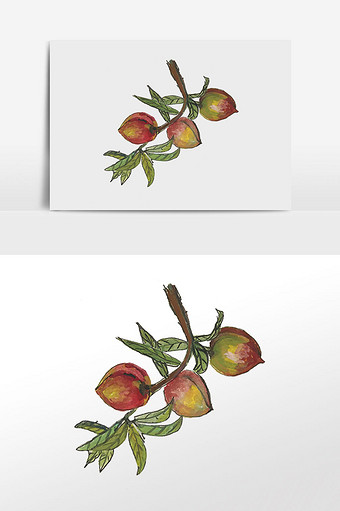 中国风手绘水果桃子树枝国画元素图片