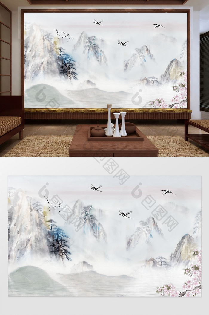 新中式山水飞鸟背景墙