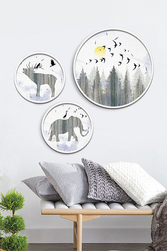现代简约北欧风丛林动物飞鸟麋鹿大象装饰画图片