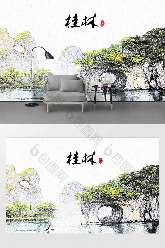 现代简约素描油画桂林城市剪影地标背景墙