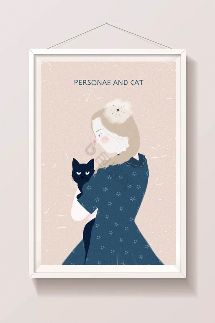 人物和猫咪插画图片